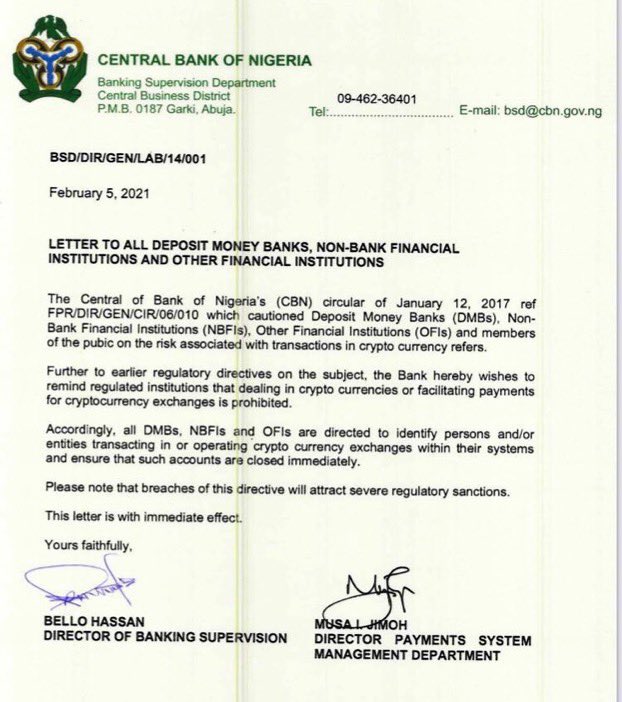 CBN notice on crypto trading